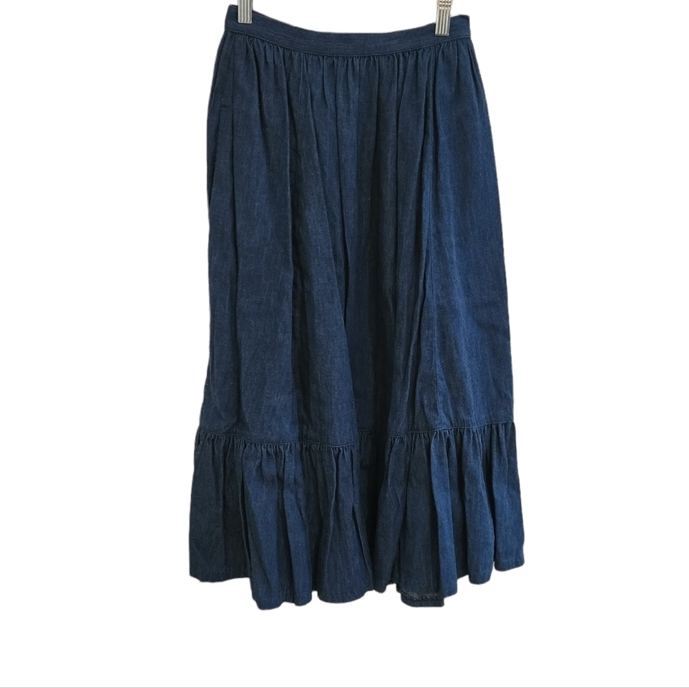 BIS Vintage Western High Waisted Denim Pleated Maxi Skirt with Pockets